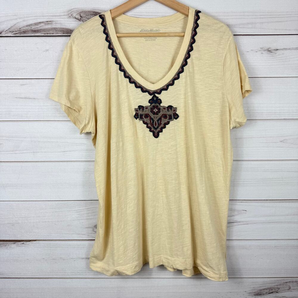 Eddie Bauer Ivory V neck Embroidered T-Shirt‎ Women's XL